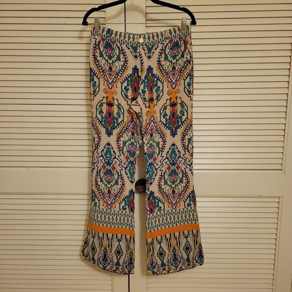 Zara Boho Patterned Lightweight Pants Women's Medium Summer Flare Elastic Waist - Picture 2 of 12